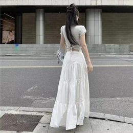 Skirts White Long Classic Pleated A-Line Boho Skirt Flowy Tiered Maxi Summer