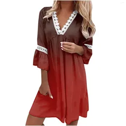 Casual Dresses Women'S 2024 Fashion V-Neck Printed Lace Patchwork Bohemian Resort Dress Female Vestido Feminino