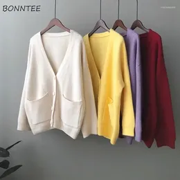Women's Knits Cardigan Women 4 Colours Loose Casual V-neck Elegant All-match Knitting Pockets Solid Simple Soft Female Sweater Ulzzang Warm