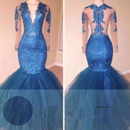 Baby Blue Mermaid Prom V Neck Beads Crystals Long Illusion Sleeves Tiered Tulle Lace Applique Formal Dresses Evening Wear 0430