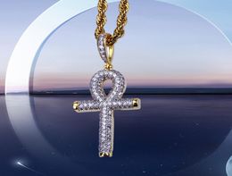 Hip Hop Rock Necklace Gold Colour All Iced Out Micro Pave CZ Stone Ankh Pendant Necklaces With 60cm Rope Chain2925531