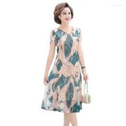Party Dresses Middle-aged And Elderly Chiffon Summer Short-sleeved Dress Color Plus Large Womens Mother Fashion Overthe-knee Skirt Female