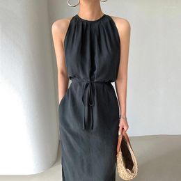 Casual Dresses Korean Chic Summer Simple Vintage Neck Hanging Folding Off Shoulder Lace Up Waist Wrapped Black Dress Vestido Feminino