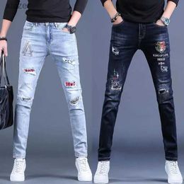 Men's Jeans Mens high-quality slim fit embroidered jeans lightweight luxury tear stretch printed jeans eyelet patches and scratch casual jeans WX