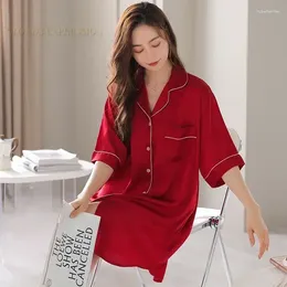 Women's Sleepwear Sleepshirts Satin Summer Sleeping Red Gowns Elegant Dress Night Nightgowns Nighttie Lapel Ladies Cardigan Silk-like Womens