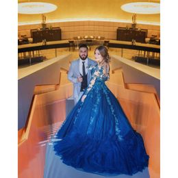 Dubai Arabic Blue Lace Ball Gown Princess Applique Long Sleeves Sweep Train Formal Dresses Evening Wear Robe De Soiree 0430