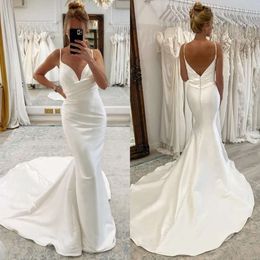 Neck Straps Elegant V Satin Mermaid Dresses Wedding Dress Sweep Train Button Back Wedding Bridal Gowns