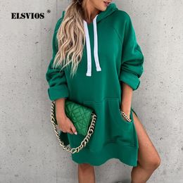 Casual Dresses Women Winter Hooded Sweater Dress Sexy Split Fork Mini Autumn Fashion O-neck Long Sleeve Pocket Solid Straight 2051