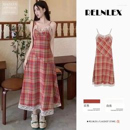 Casual Dresses French Plaid Skirt With Patchwork Lace Edge Suspender Dress For Women Western-Style Design Summer Vacation 2024