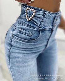 Women's Jeans Denim Pearls Decor Buttoned High Waist Skinny Vintage Slight Long Pants Work Summer Blue Y2k Capris
