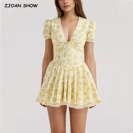 Party Dresses 2024 Sexy Yellow Flower Print Deep V Collar Corset Style Mini Dress Short Puff Sleeve Women Low Waist Ruched Pleated Hem Robe