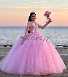 Elegant Pink Quinceanera Dresses With 3D Flowers 2024 Off Shoulders Sixteen Birthday Party Gowns Gorgeous Debutante robe de bal Vestido De 15 Xv Anos Masquerade