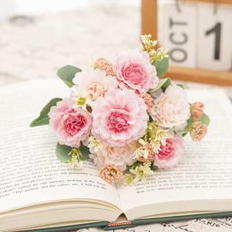 Dried Flowers 7 Head Artificial Flower Silk Pink Peony For Indoor Home Wedding DIY Decoration Bride Bouquet High Quality Champagne Fake Floral