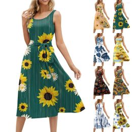 Casual Dresses Summer For Women 2024 Beach Loose Round Neck Sleeveless Midi A-Line Swing Dress Sundresses With Pockets Vestidos Cortos