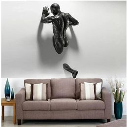 Imitation Copper Wall Decor Abstract Character Resin Climbing Man Statue Figure Art Wall Mounted Sculpture 3D Through Wall 240429