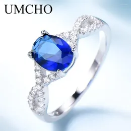 Cluster Rings UMCHO Blue Nano Cubic Zircon For Women 925 Sterling Silver Wedding Romantic Gemstone Girls Party Gift Ring Fine Jewellery