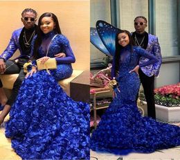 Sheer Long Sleeve Prom Dresses Royal Blue High Neck Lace Applique 3D Rose Floral Mermaid Evening Gowns African Flowers Party Gowns5115528