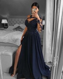 One Shoulder Navy Blue Dubai Evening Dresses Long Sleeve A-Line Split Satin Lace Beaded Formal Prom Dress Robe De Soiree Hot 0431