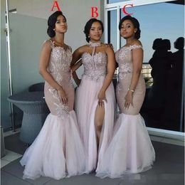 Dresses Halter Bridesmaid 2019 Modest African Long Lace Applique Tulle Side Split Mermaid Straps Plus Size Prom Party Gowns