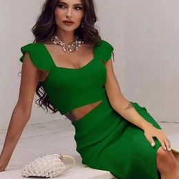 High Quality Celebrity Sexy Fashion Green Yellow Ruffles Bodycon Rayon Two Pieces Bandage Dress Two Pieces Skirt Set 240425