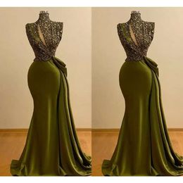 Plus Olive Size Green Dresses Evening African Mermaid Sparkly Sequins High Neck Sweep Train Satin Prom Party Gown Formal Ocn Wear Vestidos Desinger