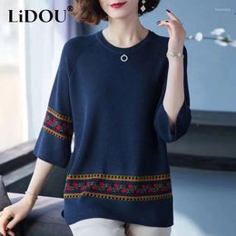 Women's Sweaters Summer Autumn Fashion Patchwork Ethnic Style Knitting T-shirts Women Three Quarter Sleeves Vintage Loose Casual Lady Tops