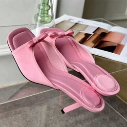 Dress Shoes 2024 Summer Slipper Women Butterfly-knot Satin Slip on Design Slide Sandals Thin High Heel Outdoor Slides for H240430