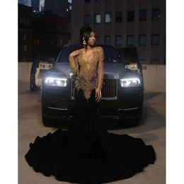 Black Veet Long Sleeve Trumpet Prom Dresses For African Women 2024 With Gold Crystal Beaded Sheer Mesh Birthday Gown Vestidos De Gala 0431