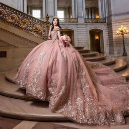 Pink Shiny Off Shoulder Ball Gown Quinceanera Dresses 2024 Sweet 16 Princess Gold Appliqued Lace Party Gowns Vestido De 15 Anos 0431