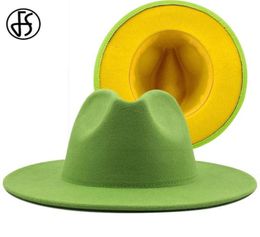FS 60CM Green Yellow Brim Patchwork Women Men Wide Brim Wool Felt Fedora Hats Panama Jazz Caps Party Cowboy Trilby Gambler Hat43668988251
