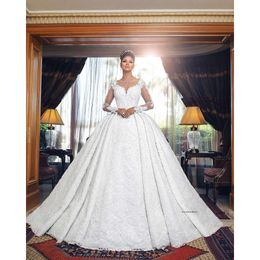 New Fashion Dubai Arabic Wedding Dress Scoop Neck Long Illusion Sleeves Lace Applique Bridal Gowns Vestido De Novia 0430