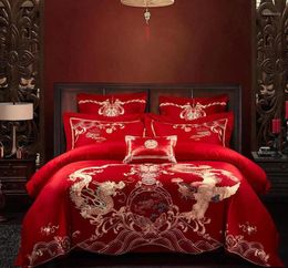 Traditional Chinese Wedding Embroidery Bedding Set Cotton 4 piece Kit King Queen Size Double Happiness Longfeng Dragon Phoenix13661284