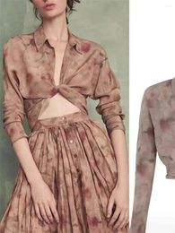 Women's Blouses Women Watercolour Rose Print Silk Blouse Ladies Turn Down Collar Long Sleeve Lace Up Shirt Tops 2024 Summer
