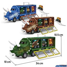 Diecast Model Cars Car Dinosaur Transport Toy Truck Pl Back Vehicles Dino Container Storage Lighting Music Kids Boys Children Birthday Dhdwo