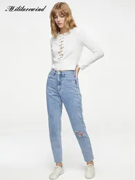 Women's Jeans Spring Summer Light Blue Women BF Style Fashion Hole Ripped Mid-waist Solid Color Simple Straight Denim Pants