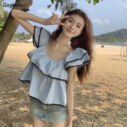 Women's Blouses Women Ruffles Crop Tops Summer Sweet Leisure Designed Bright Line Decoration Holiday Young Simple O-neck Aesthetic