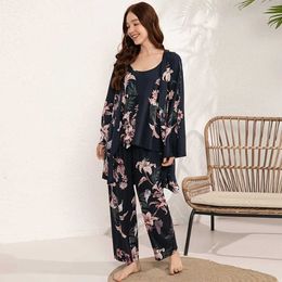 Women's Sleepwear Plus Size S-3XL Womens Viscose Pyjama Sets Homewear Thr-piece Suit Floral Print Wide Pants INS Style SpdSell Hot Sale Y240426