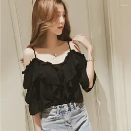 Women's Blouses Chic Short Sleeve Chiffon Shirt Women Summer Sexy Off Shoulder Strap Fashion Korean Solid Y2k Top StreetWear