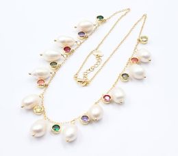 GuaiGuai Jewelry Freshwater Cultured White Rice Pearl Multi Color Cubic Zirconia CZ Pave Chain Necklace 18quot Pearl Pendant For4815507