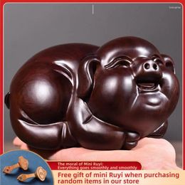 Decorative Figurines High Quality Lucky Cute Pig Solid Wood Carving Office Decoration Ebony Mahogany Artifact Artware Propitious Gift