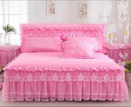 Lace Bedding Bed Skirt Pillowcases Pink Romantic Wedding Ruffle Bed Cover Princess Bedspreads Bed sheet King Queen Twin Size Home 2727707