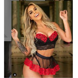 Hirigin Erotic Sex Costume Sets Fashion Women Sleeveless Lace Mesh Peach Heart Print Crop Top Mini Skirt Suits Sexy Lingerie Bras 302H