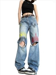 Women's Jeans Printing Colorful Summer Y2k With Holes High Wasit Corset Straight Wide Leg Jean Pants Ladies Korean Fashion Streetwear