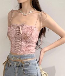 Women's Tanks Sweet Girl Pink Pure Sexy Slim Fit Mesh Vest Summer Square Collar Lace-up Camisole Top Fashion Female Clothes