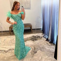 Mint Green Prom Dresses paljetter Party Off Evening Dress Feathers Axel Long Special OCN Dress