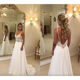 Beach Dresses Lace Appliqued Cheap V Neck A Line Sexy Backless Boho Wedding Dress Sweep Train Custom Garden Bridal Gowns