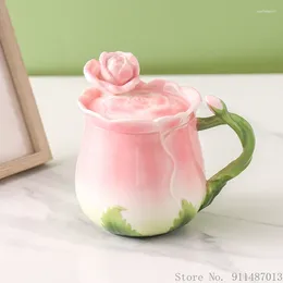 Mugs European Rose Mug With Lid Handle Household Office Ceramic Milk Coffee Cup Creative Pink Girl Heart Tea Water 400ML 1Pc