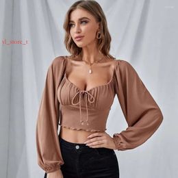 Women DESIGNERST Shirts Girl Brown Low-Cut Sexy Lady Crop Tops Draw String Long Sleeve Shirt Fashion Brown Blouse Female Slim Fitting Top Women's T-Shirt 1860