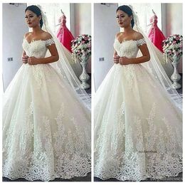 Sexy Modest Off Shoulder A-Line Wedding Dresses Custom Plus Size Short Sleeves Lace Appliques Bridal Gowns Formal Largo Robe De Mariee 0430