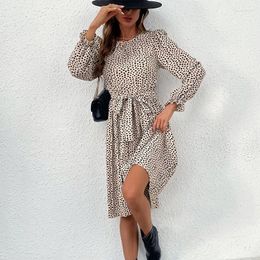 Casual Dresses Fashion Leopard Print Long Sleeved Round Neck Women Vestido Spring /autumn Lace Up Elegant Roupas Feminina Body Sexy